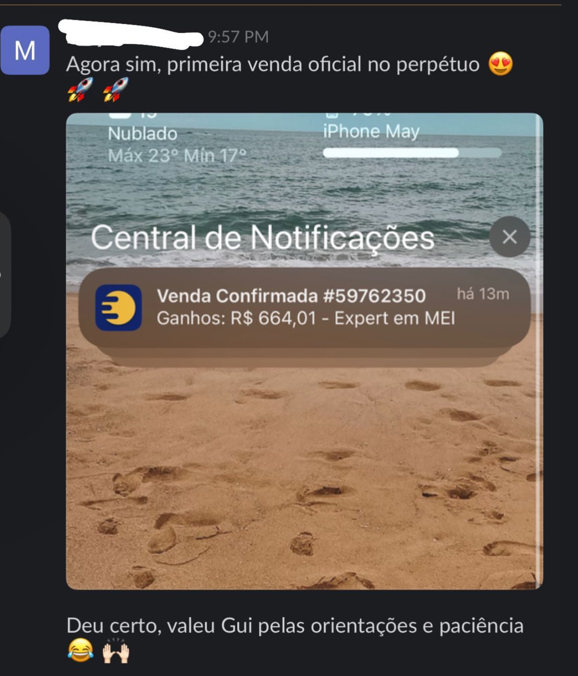 Resultado aluno — primeira venda com nova apresentação